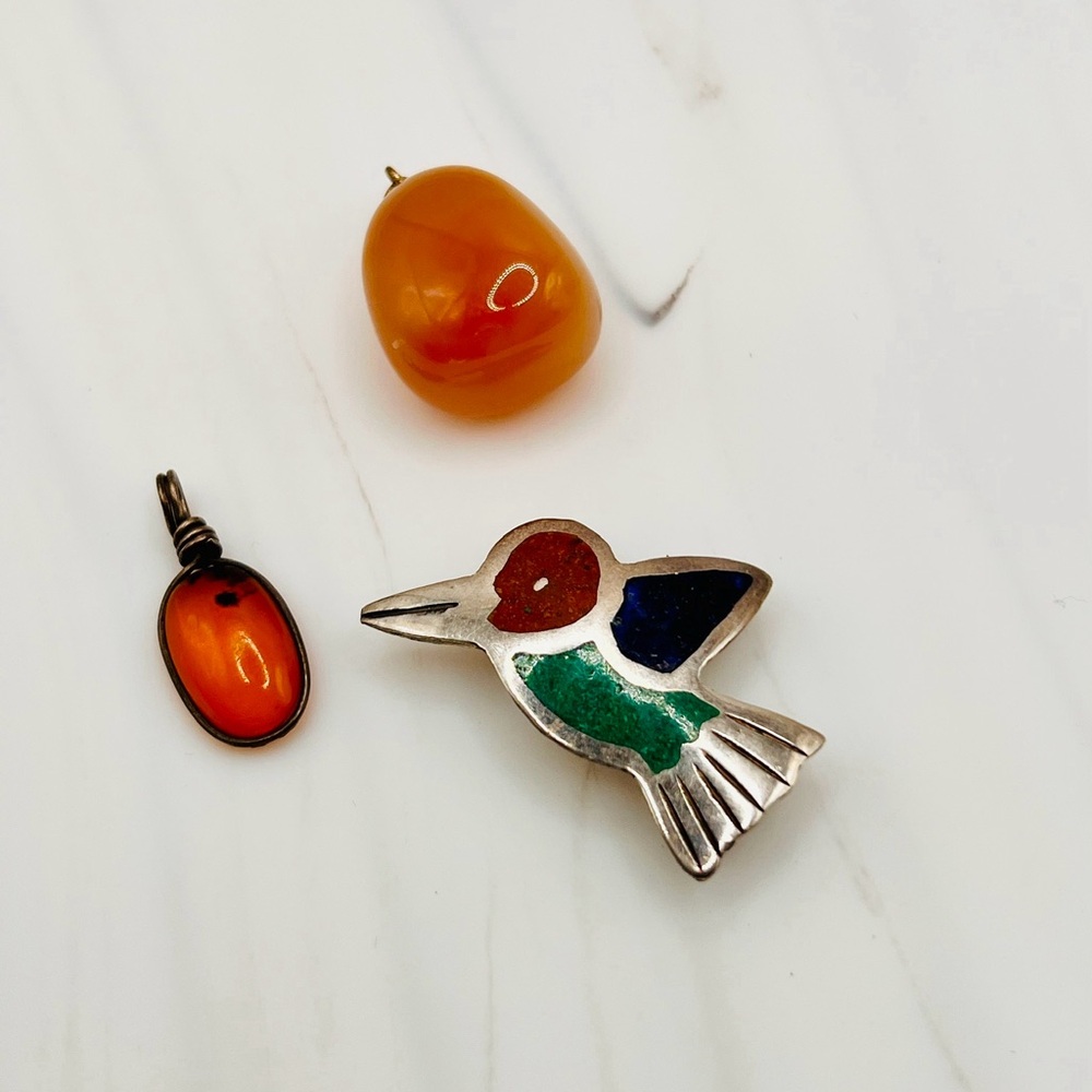 Bundle of 3 Handcrafted Pendants -Silver, Amber & Stone EUC - Picture 2 of 4